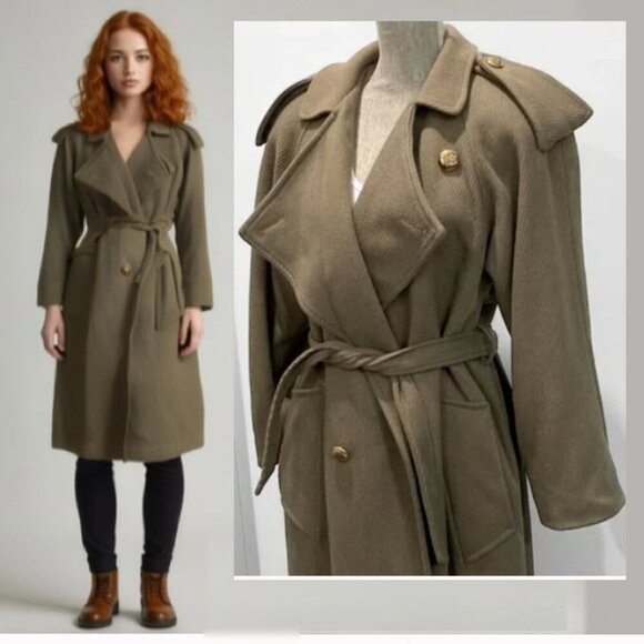 Me Jay Green Wool Double Breasted Trench Coat Size Medium Large - Picture 1 of 17